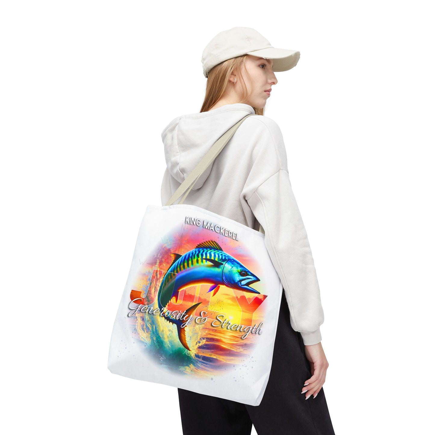 Birth month beach tote featuring colorful King Mackerel fish design with versatility and strength text