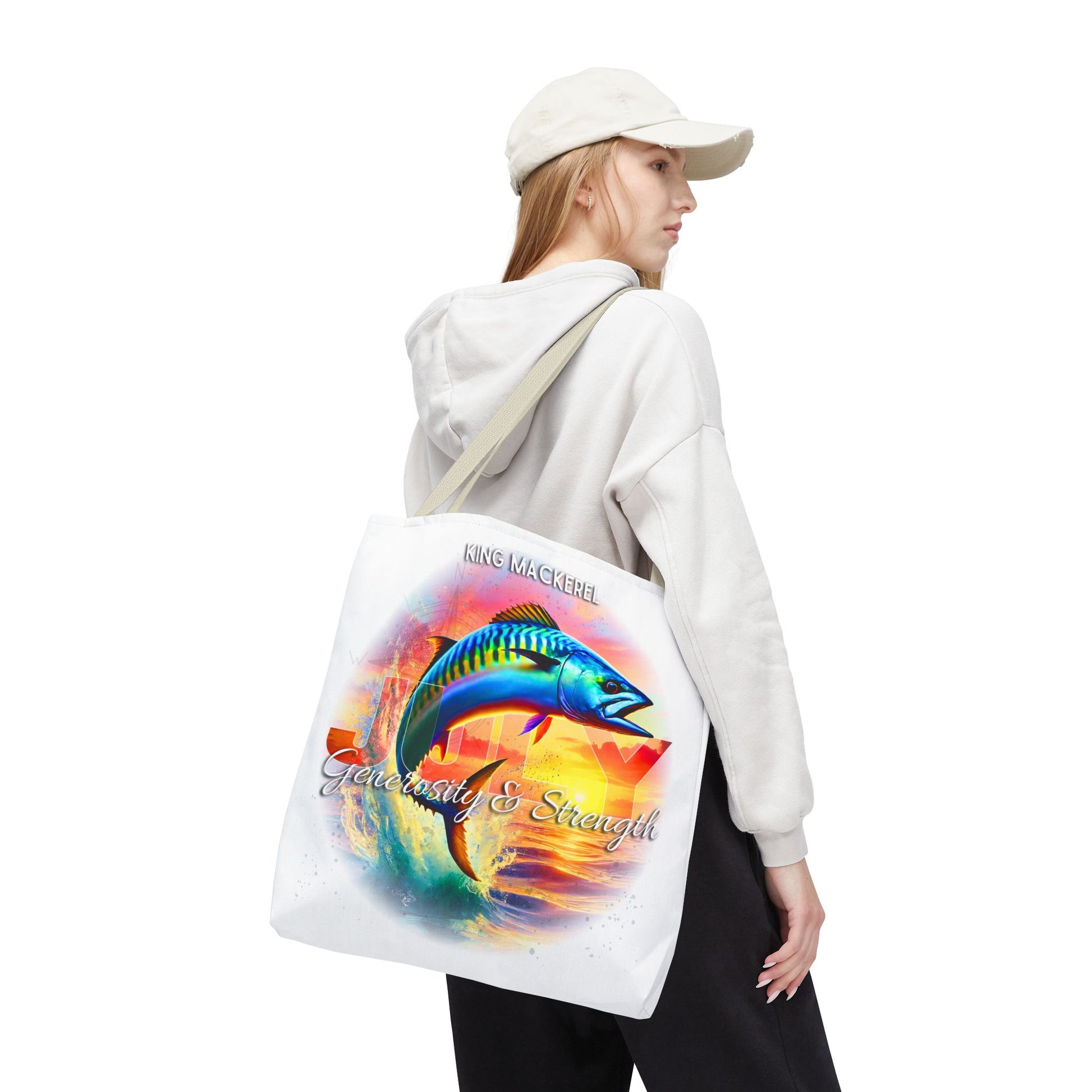 Birth month beach tote featuring colorful King Mackerel fish design with versatility and strength text