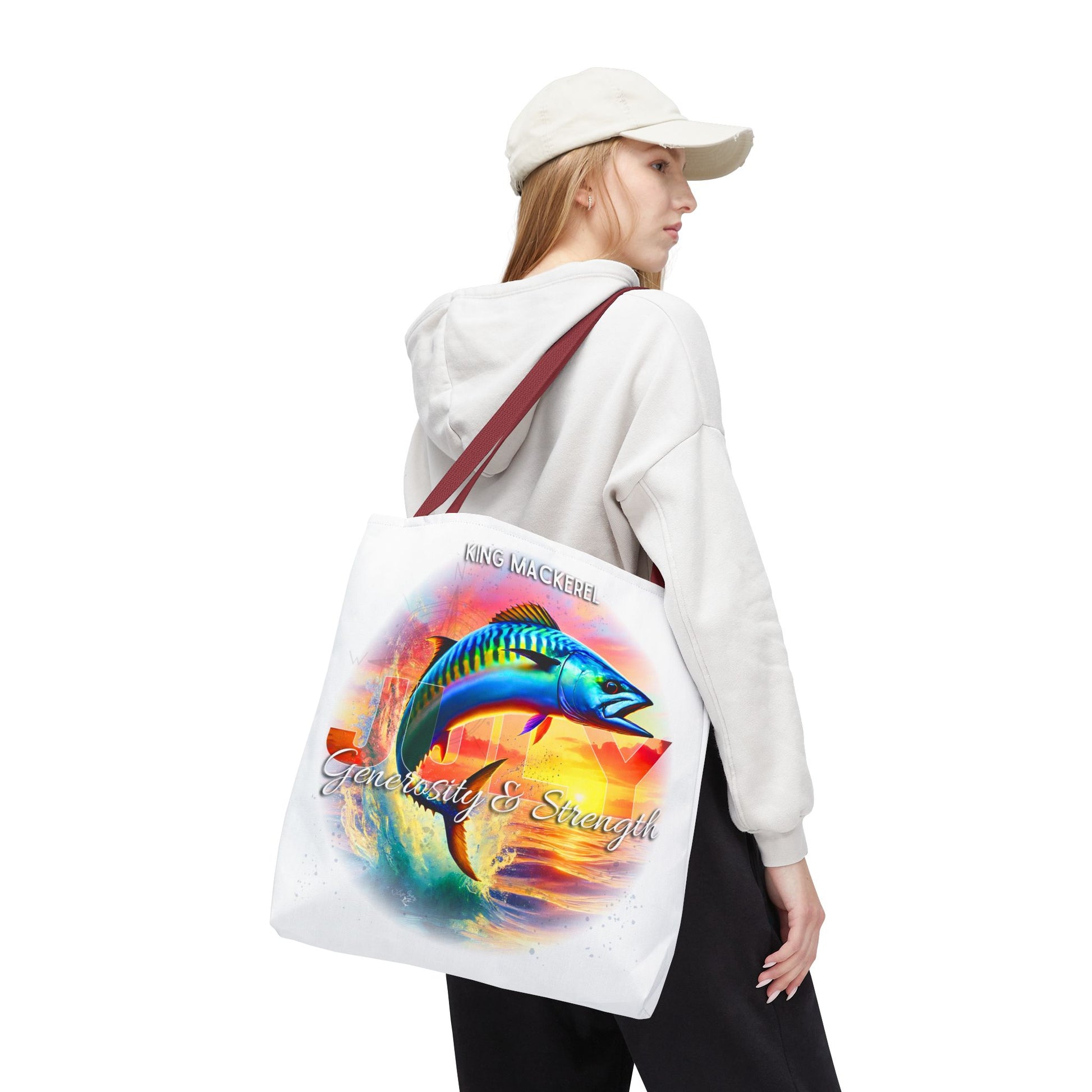 Birth month beach tote with colorful King Mackerel design and versatility and strength text
