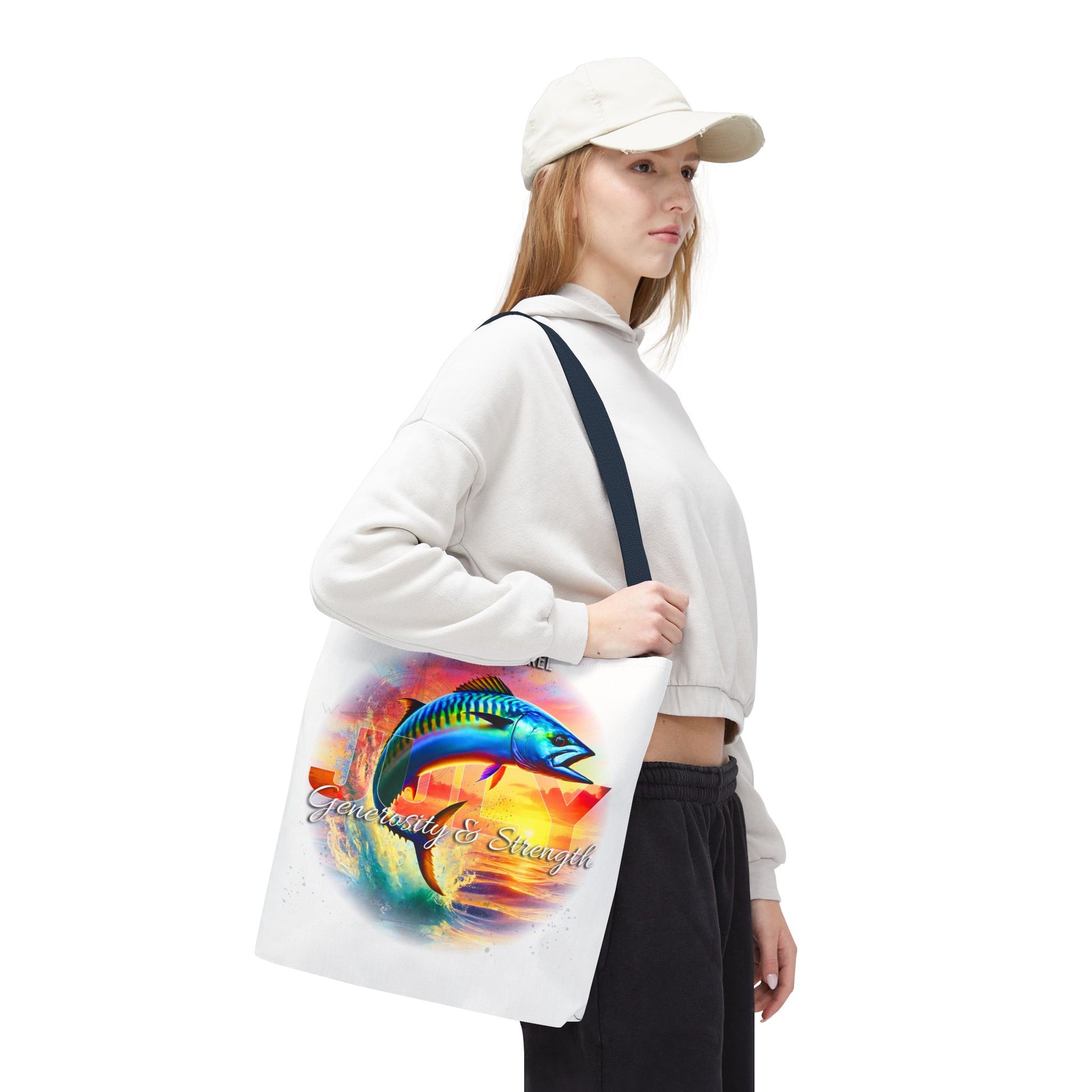 Woman carrying a birth month beach tote with colorful fish design and black straps