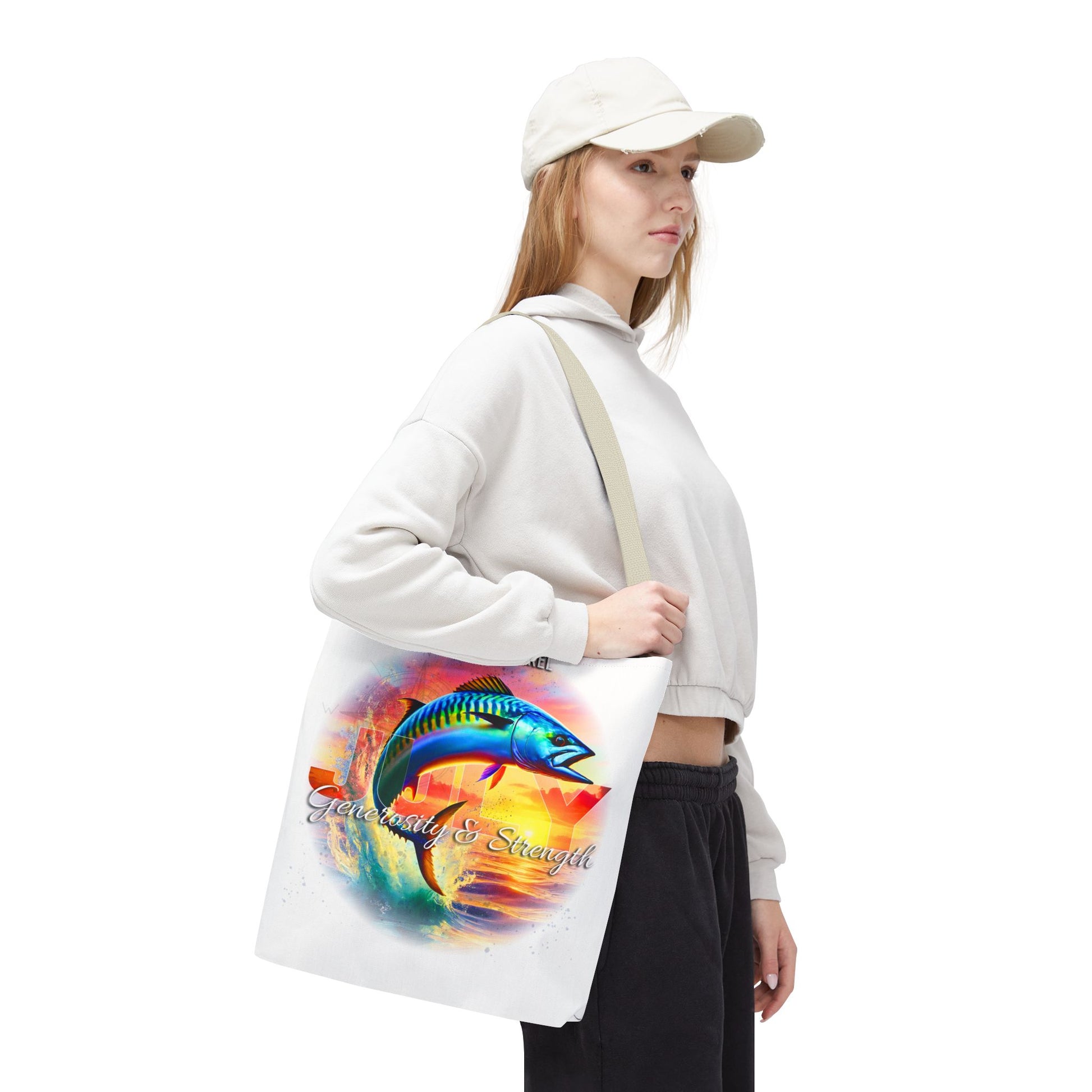 Woman carrying birth month beach tote with colorful fish and nature design on white background
