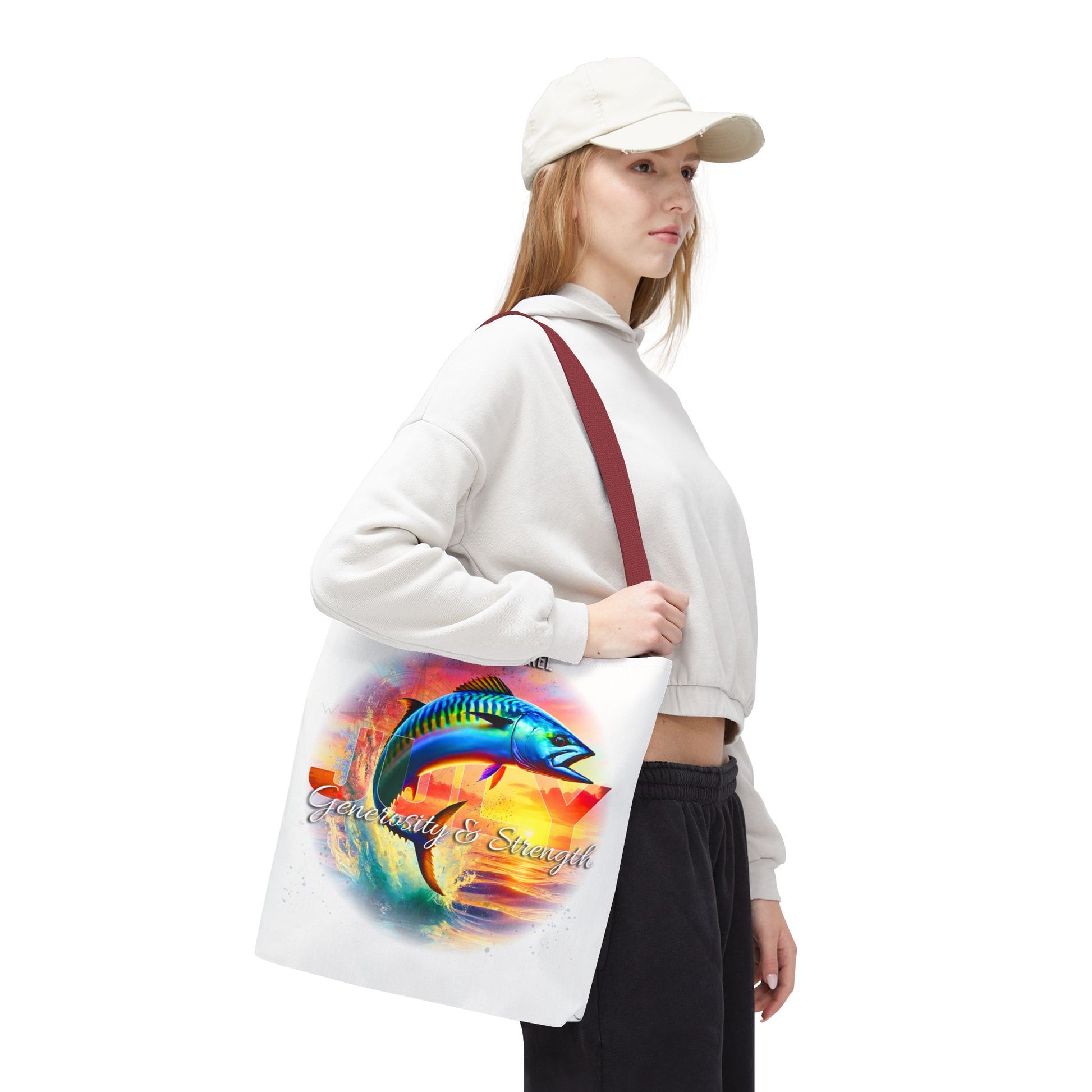 Woman carrying a birth month beach tote with colorful fish design and maroon strap