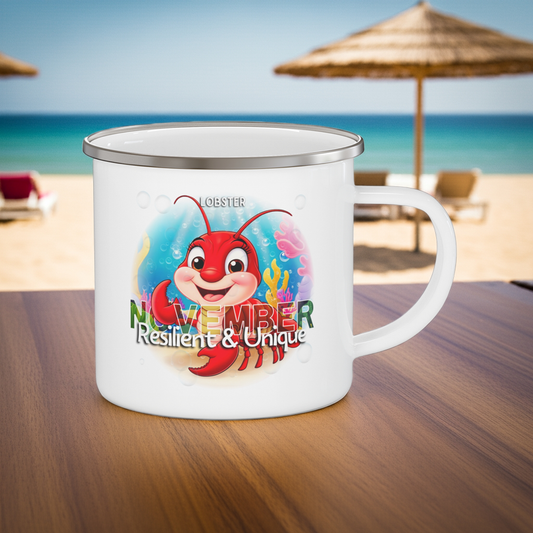 Kids birth month camping mug featuring November lobster design with resilient and unique text