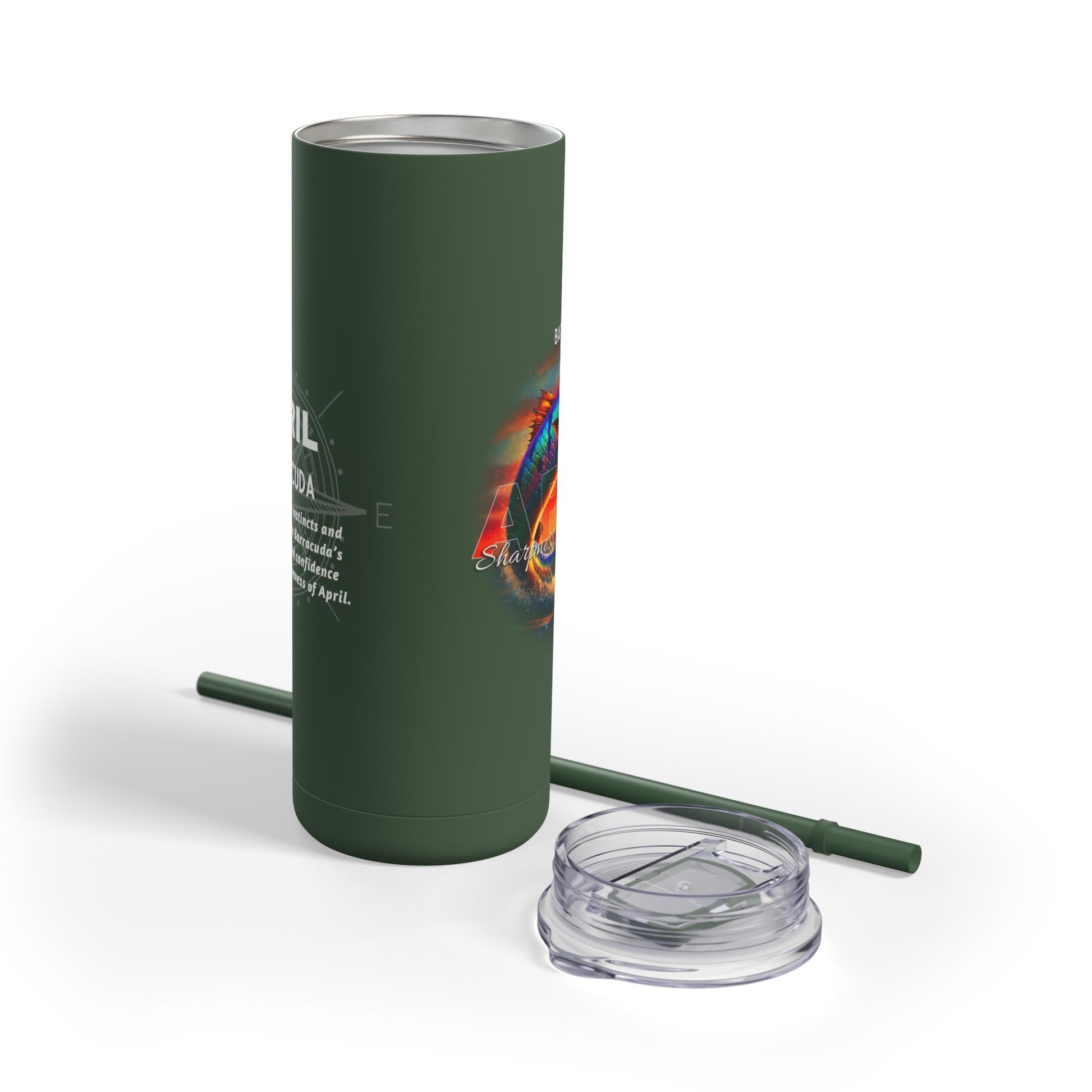 Birth month travel tumbler mug in dark green with straw and clear lid