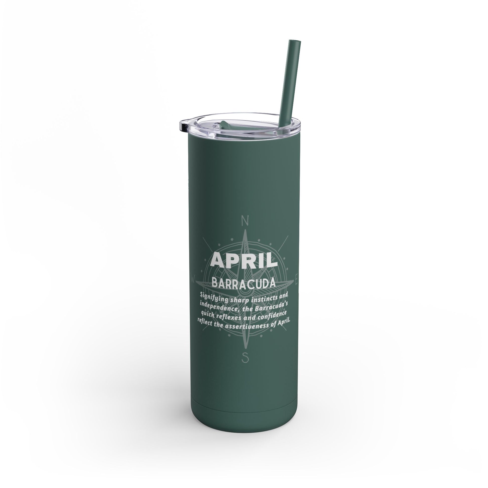 April birth month travel tumbler in dark green with printed horoscope description and straw