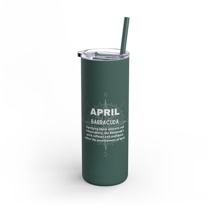 April birth month travel tumbler in dark green with printed horoscope description and straw