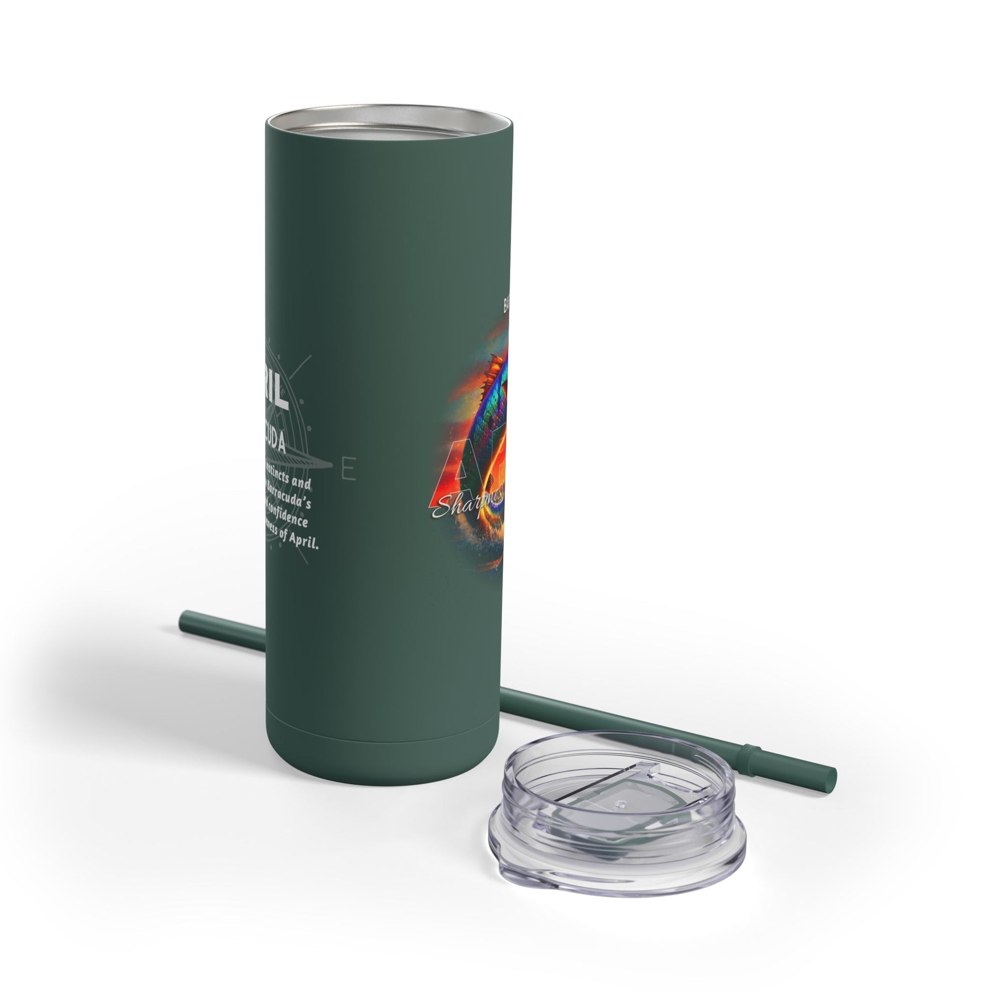 Birth month travel tumbler in dark green with colorful design, clear lid, and matching straw