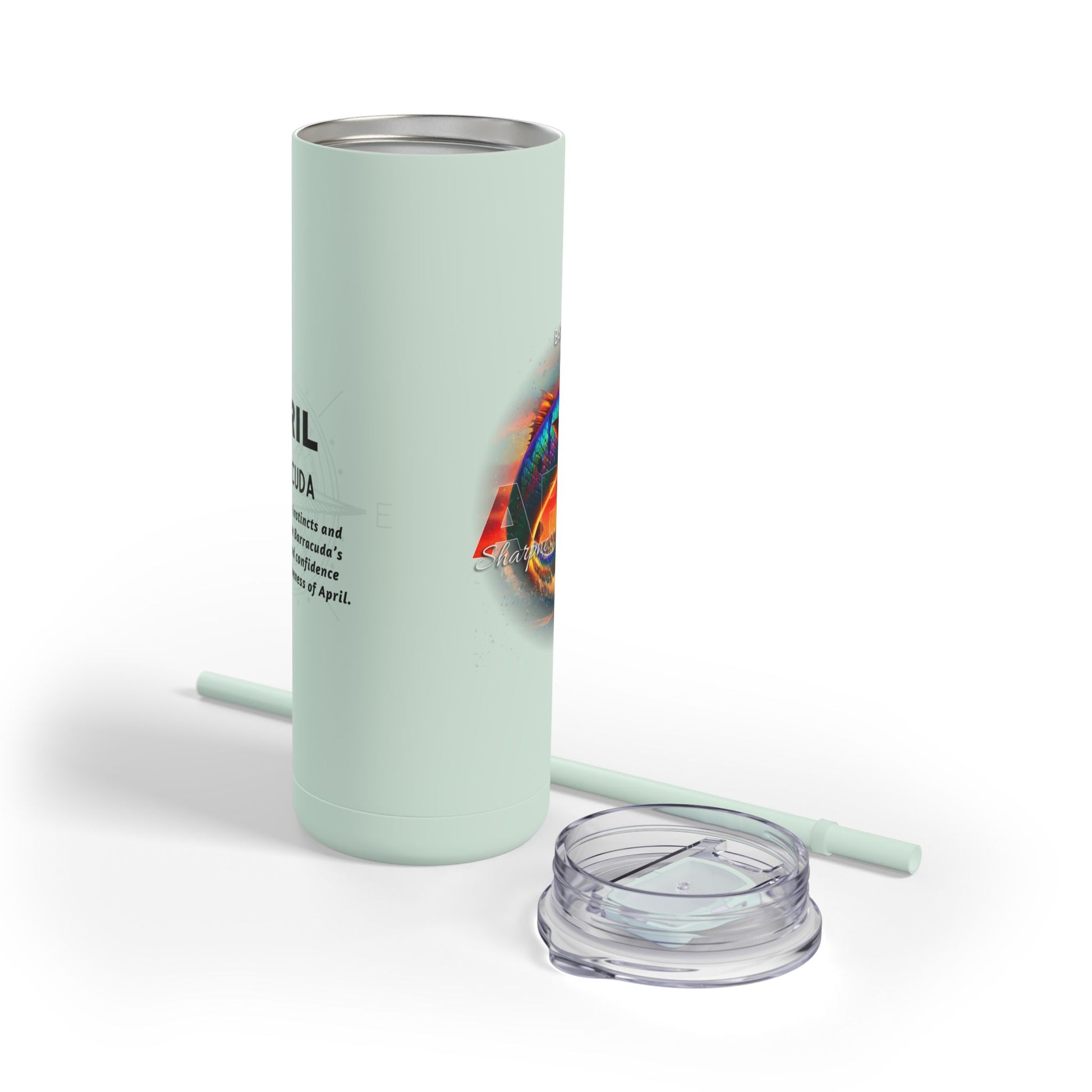 Birth month travel tumbler with pale green color and detachable lid and straw