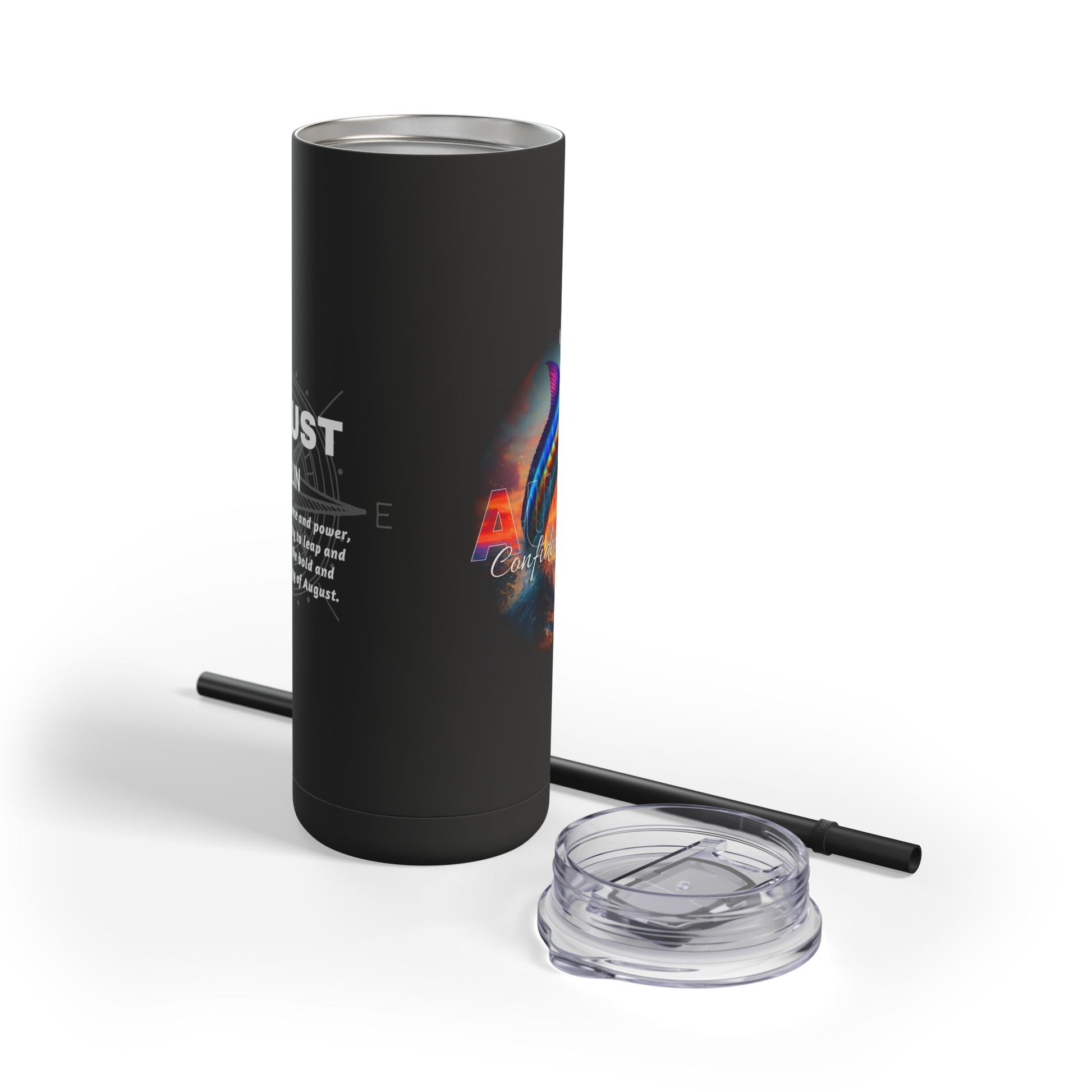 Black birth month travel tumbler with colorful design, clear lid, and black straw