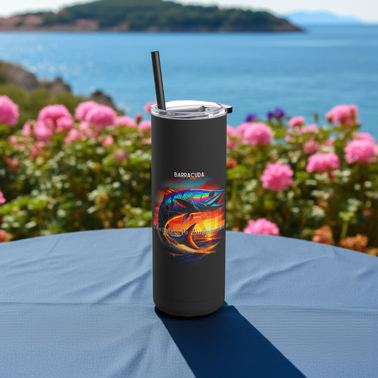 Birth month travel tumbler with colorful barracuda design on black background outdoors
