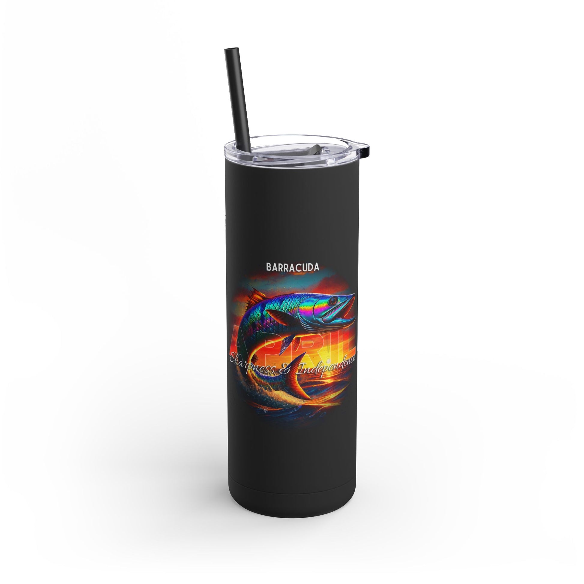 Birth month travel tumbler with colorful barracuda fish design and black straw