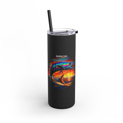 Birth month travel tumbler with colorful barracuda fish design and black straw