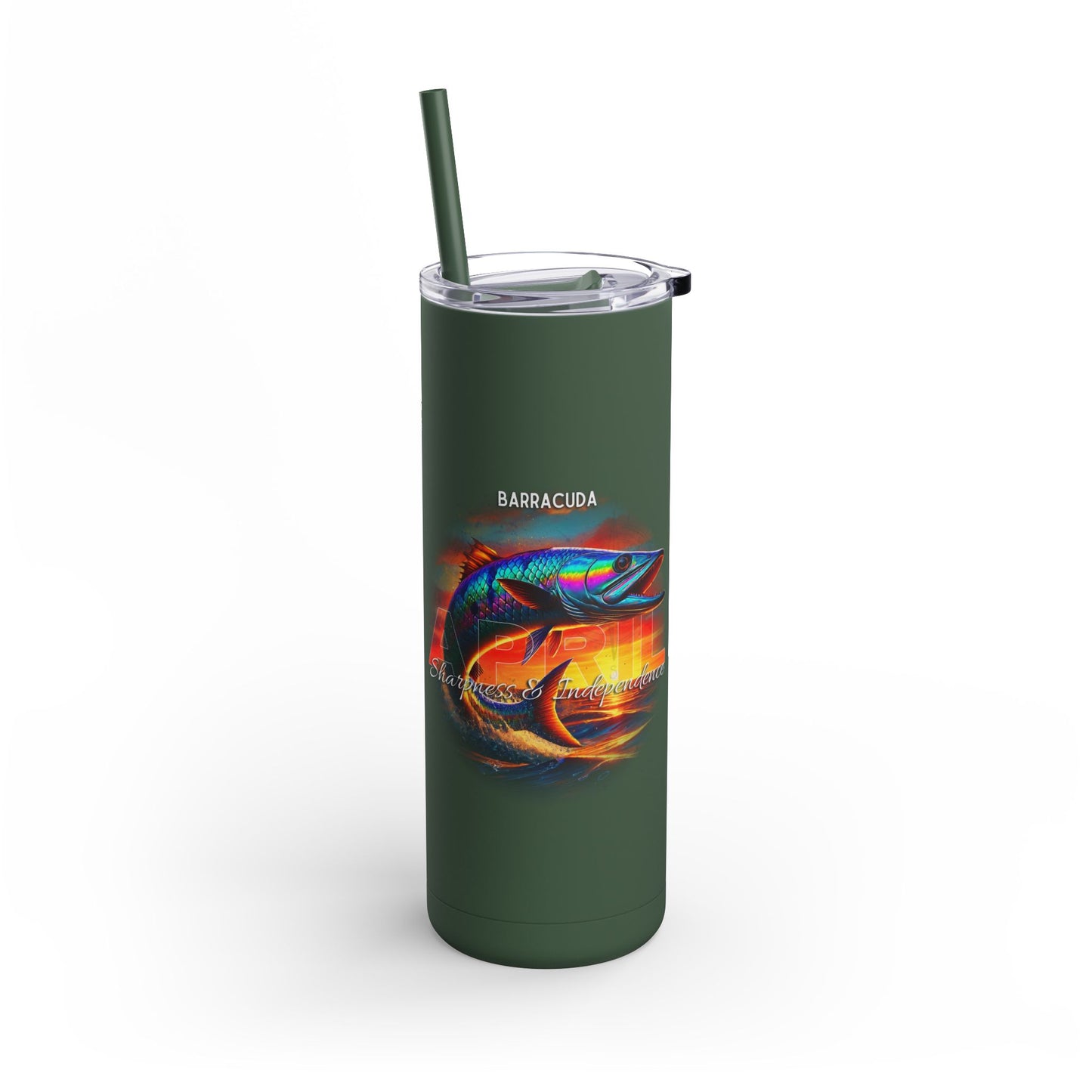 Green birth month travel tumbler with colorful barracuda fish graphic and clear lid with straw