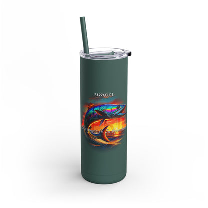 Birth month travel tumbler with colorful barracuda fish design and green straw