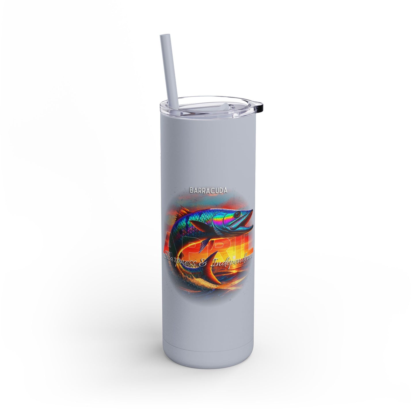 Birth month travel tumbler with colorful barracuda fish design and clear lid with straw