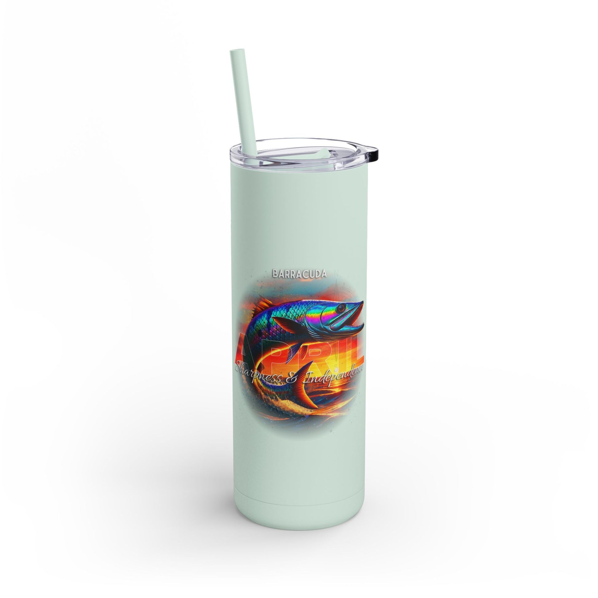 Birth month travel tumbler with colorful barracuda fish design and light green body with straw