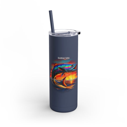 Birth month travel tumbler featuring colorful barracuda fish design with navy blue body and clear lid
