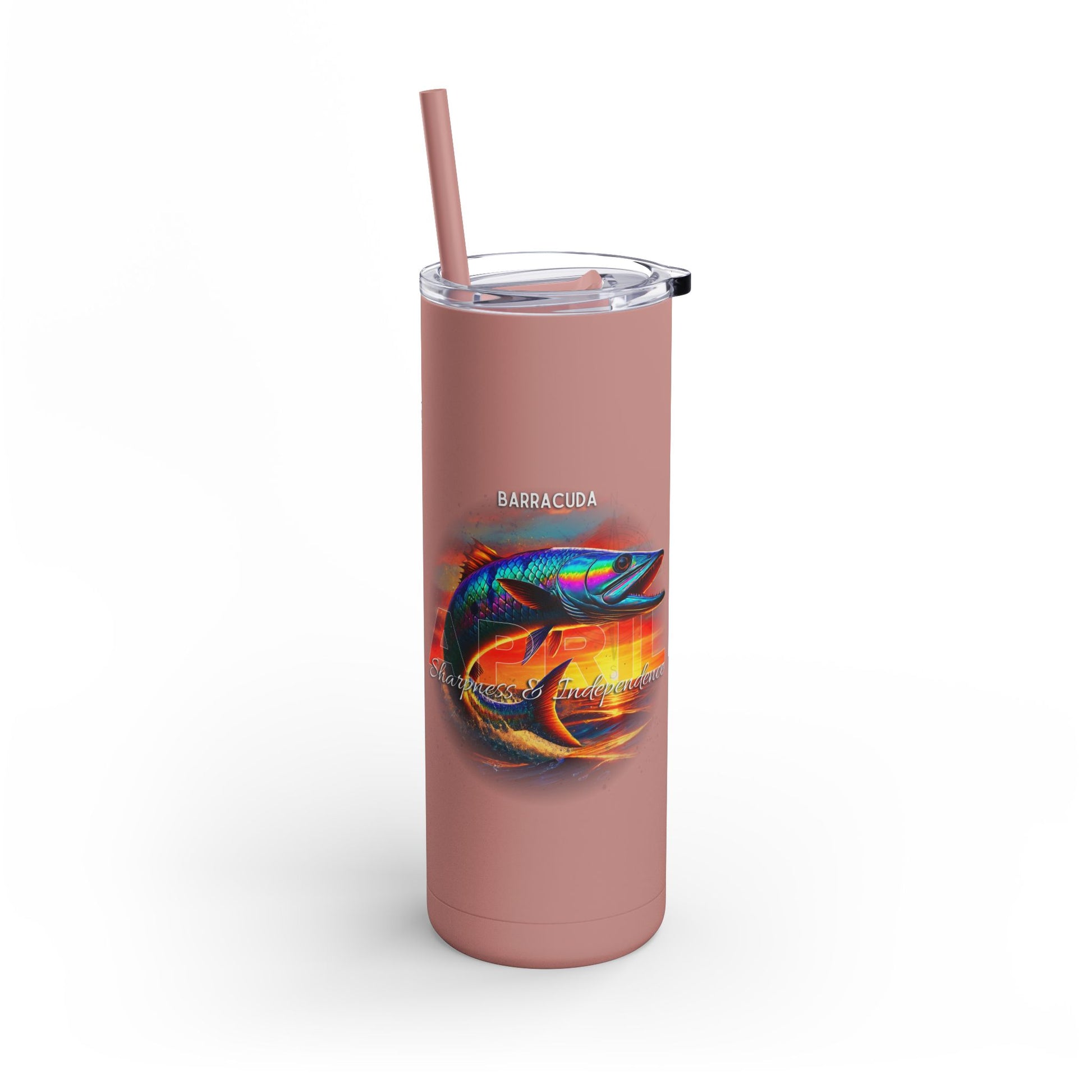 Pink birth month travel tumbler featuring colorful barracuda illustration with straw and lid