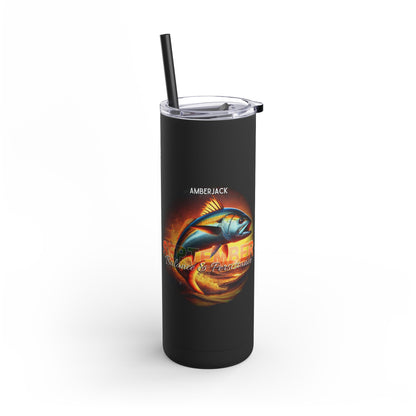 Black Printify birth month travel tumbler with amberjack fish design and clear lid with straw