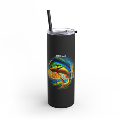 Black birth month travel tumbler with colorful mahi mahi fish design and February text 