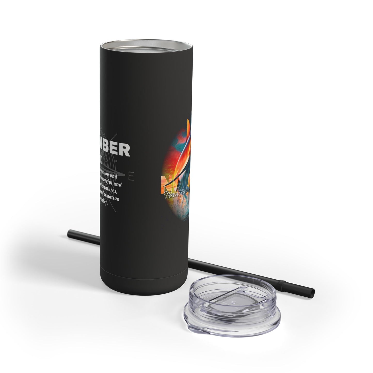 Black birth month travel tumbler with colorful design, clear lid, and black reusable straw