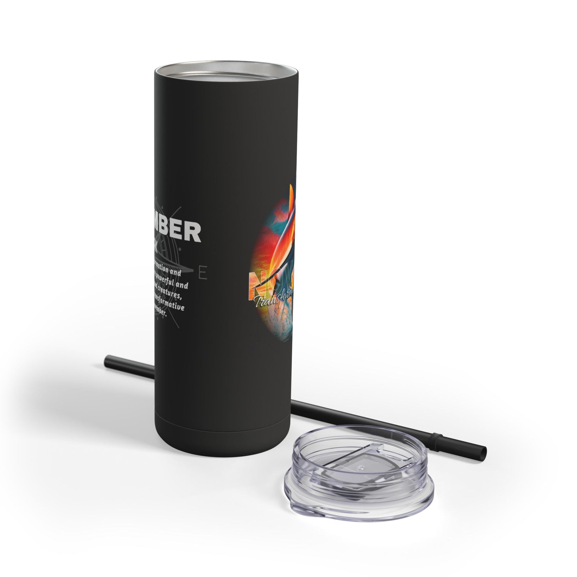 Black birth month travel tumbler with colorful design, clear lid, and black reusable straw