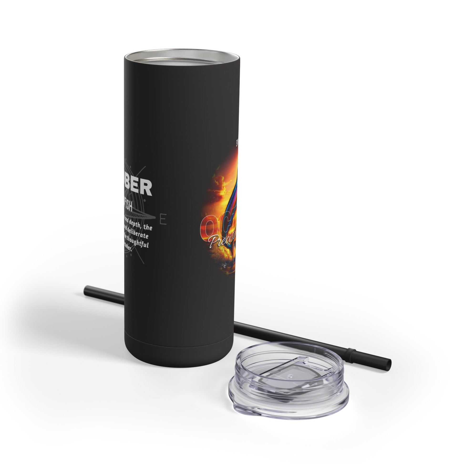 Black birth month travel tumbler with flame design, clear lid, and black straw