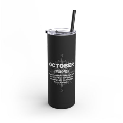 Black birth month travel tumbler for October with swordfish design and clear lid with straw