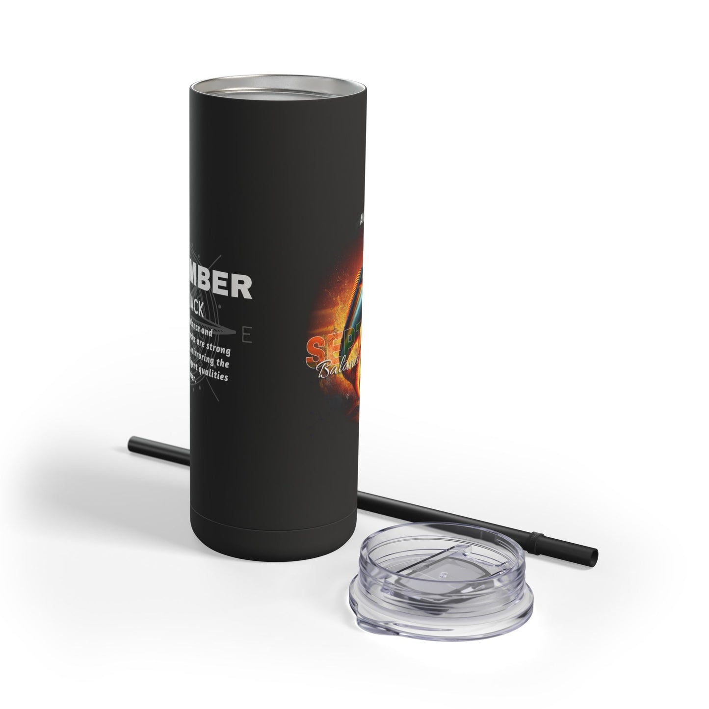 Printify birth month travel tumbler in black with removable straw and lid