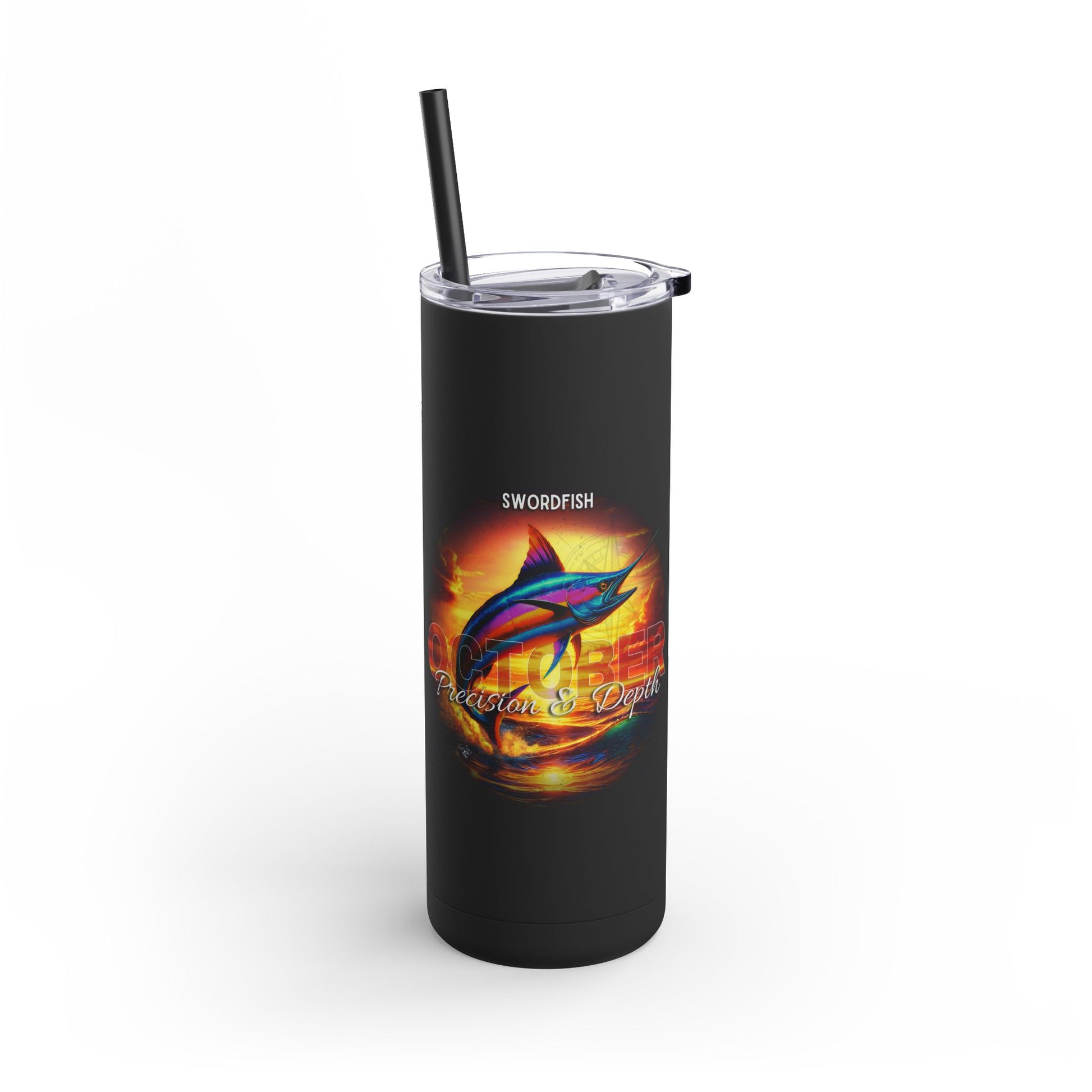 Black birth month travel tumbler featuring colorful swordfish design with precision and depth text