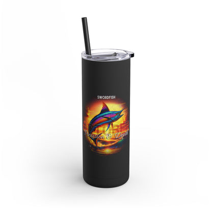 Black birth month travel tumbler featuring colorful swordfish design with precision and depth text