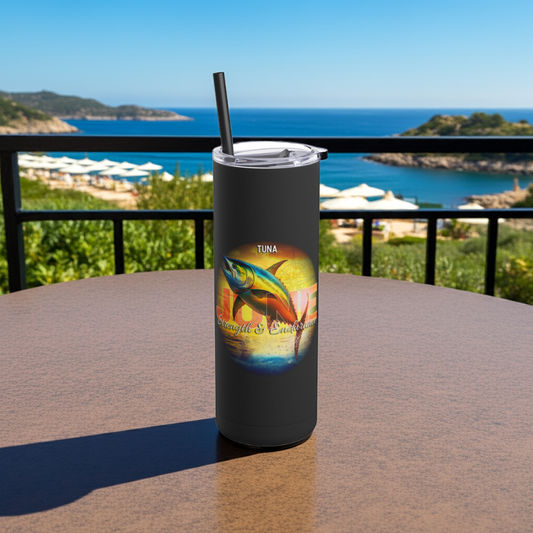 Printify black birth month travel tumbler with colorful tuna fish design on outdoor table