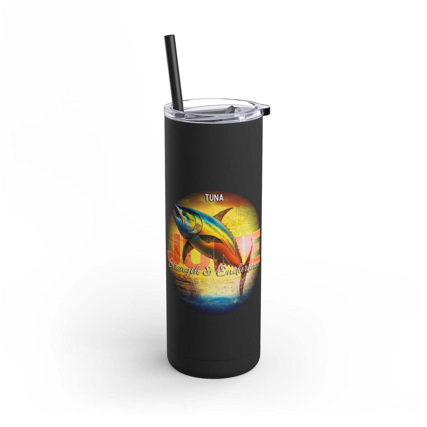 Black birth month travel tumbler featuring a colorful tuna fish design with sunset background