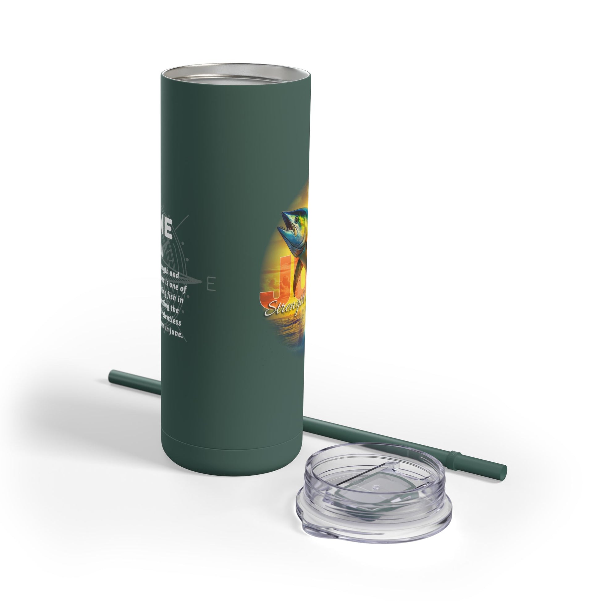 Green Printify birth month travel tumbler with fish design, reusable straw, and clear lid