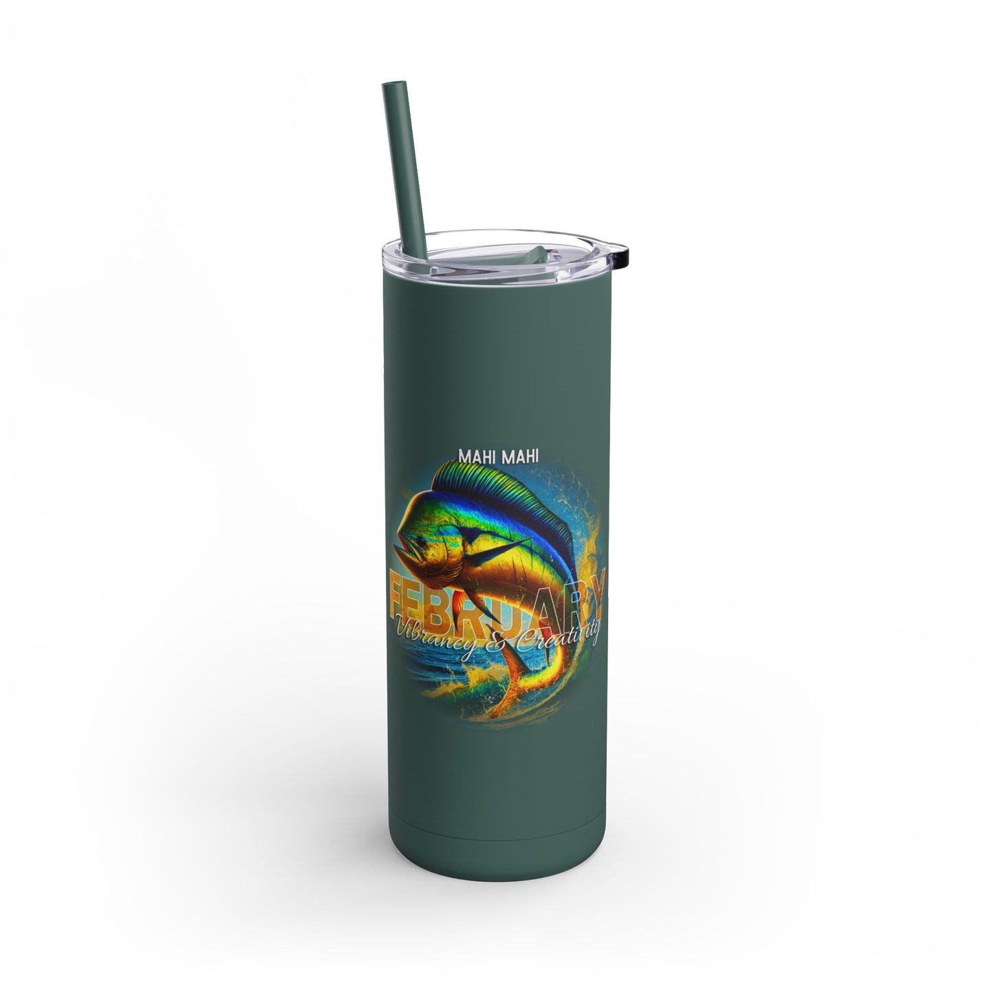 Birth month travel tumbler with Mahi Mahi fish design and February text in green