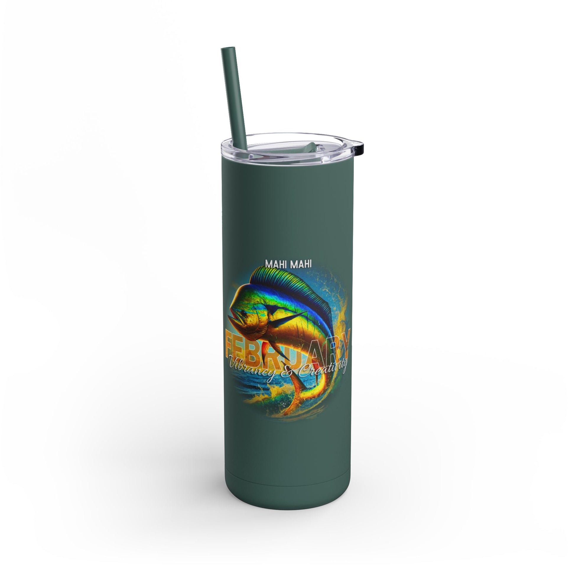 Birth month travel tumbler with Mahi Mahi fish design and February text in green