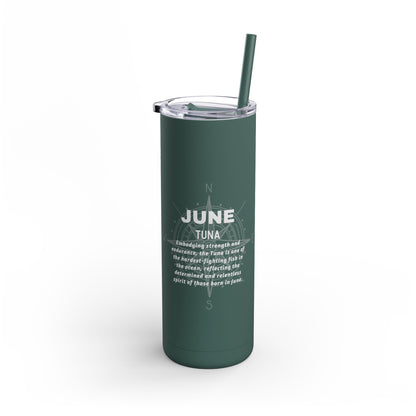 Green Printify birth month travel tumbler for June with a clear lid and matching straw