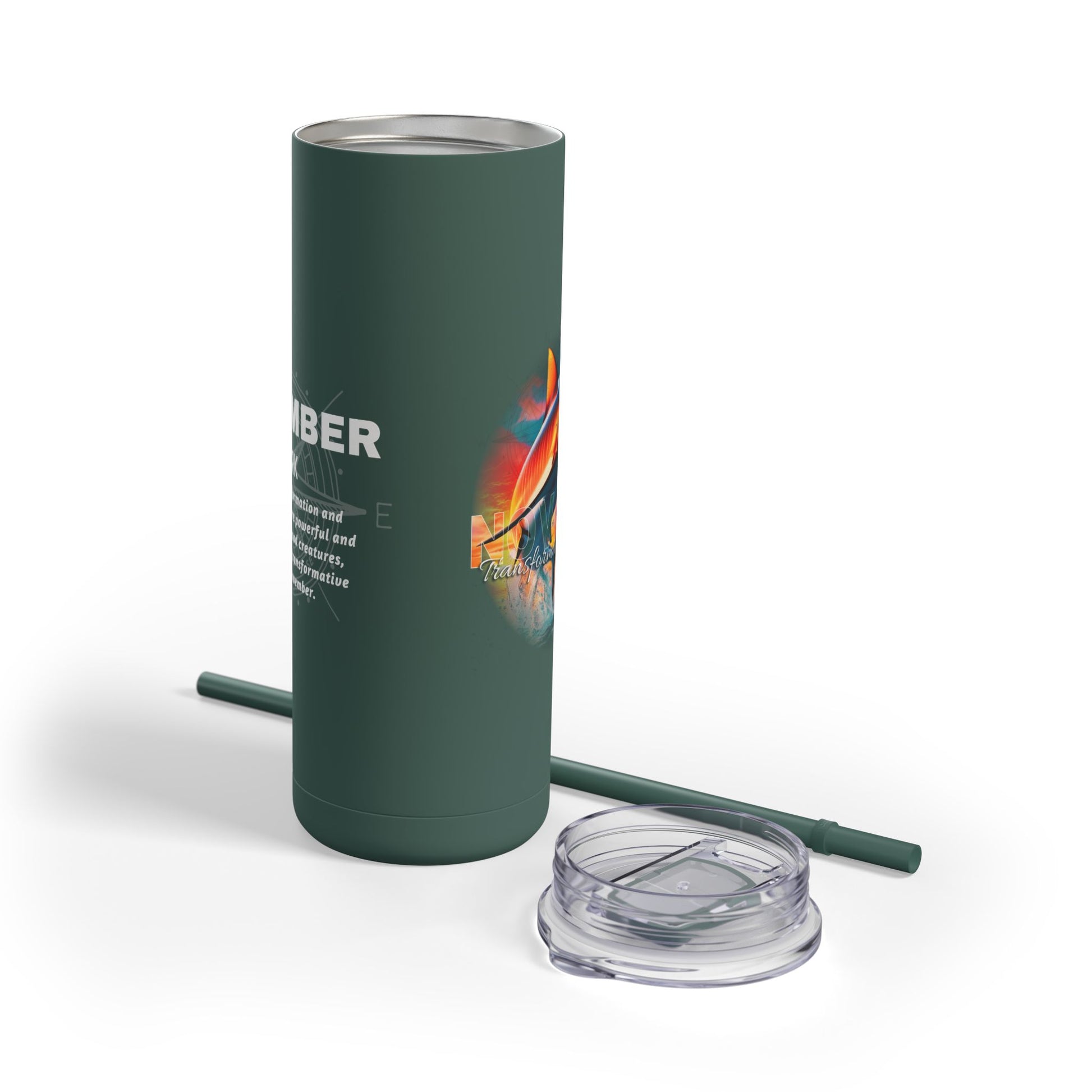 Birth month travel tumbler in dark green with a detachable lid and straw