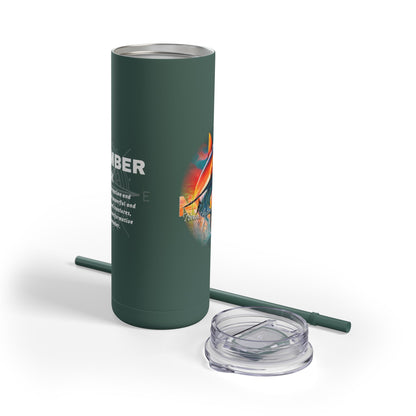 Birth month travel tumbler in dark green with a detachable lid and straw