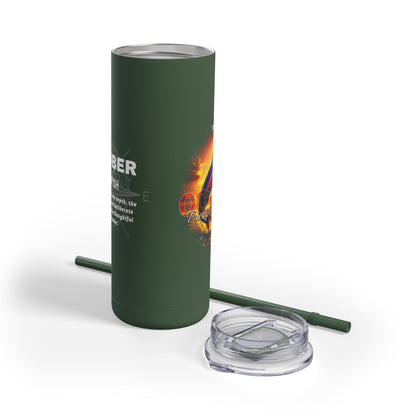 Birth month travel tumbler in dark green with clear lid and matching straw