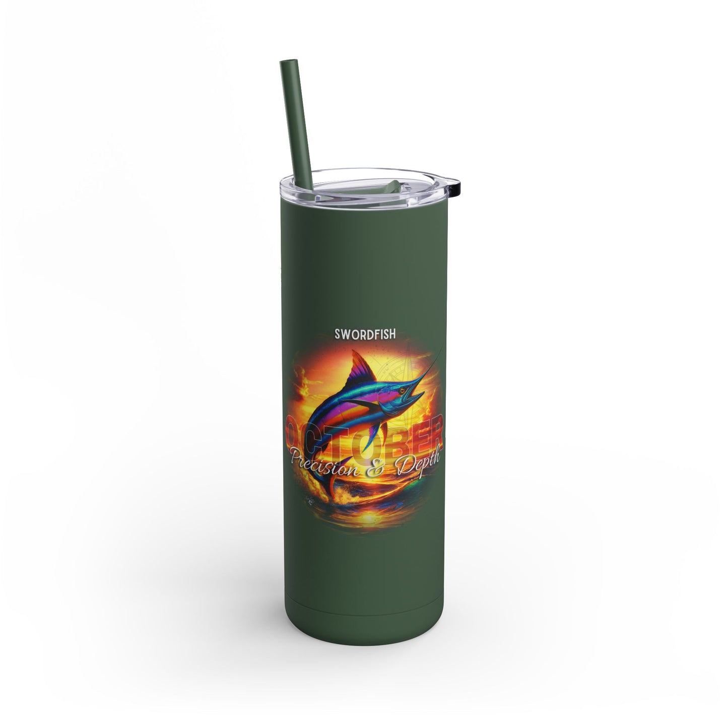 Green birth month travel tumbler featuring colorful swordfish design with straw and clear lid
