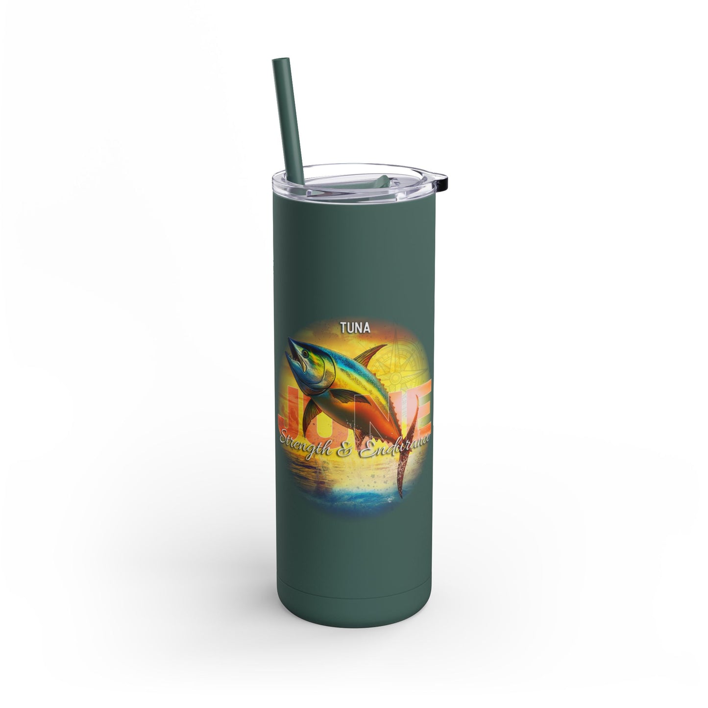 Green birth month travel tumbler with tuna fish design and clear lid with matching straw