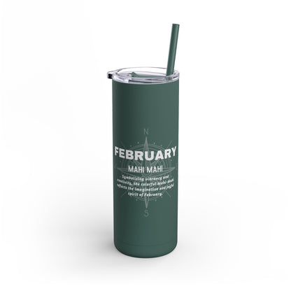 February birth month travel tumbler in dark green with straw and compass design