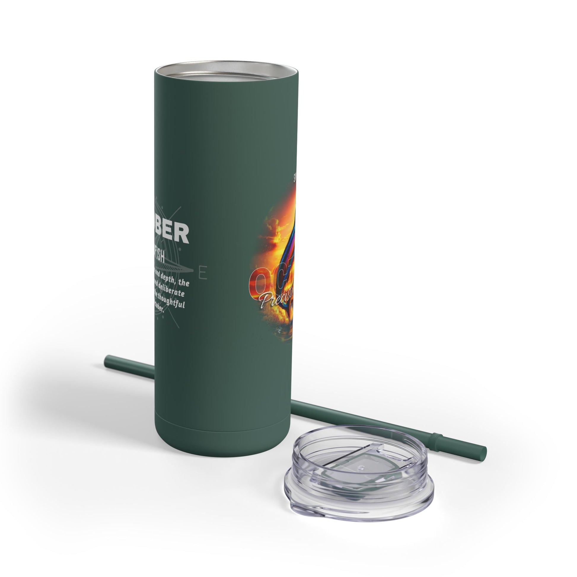 Green birth month travel tumbler with straw and clear lid featuring September design