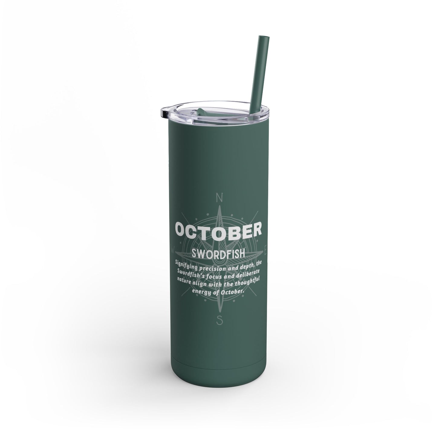 October birth month travel tumbler in dark green with swordfish design and clear lid