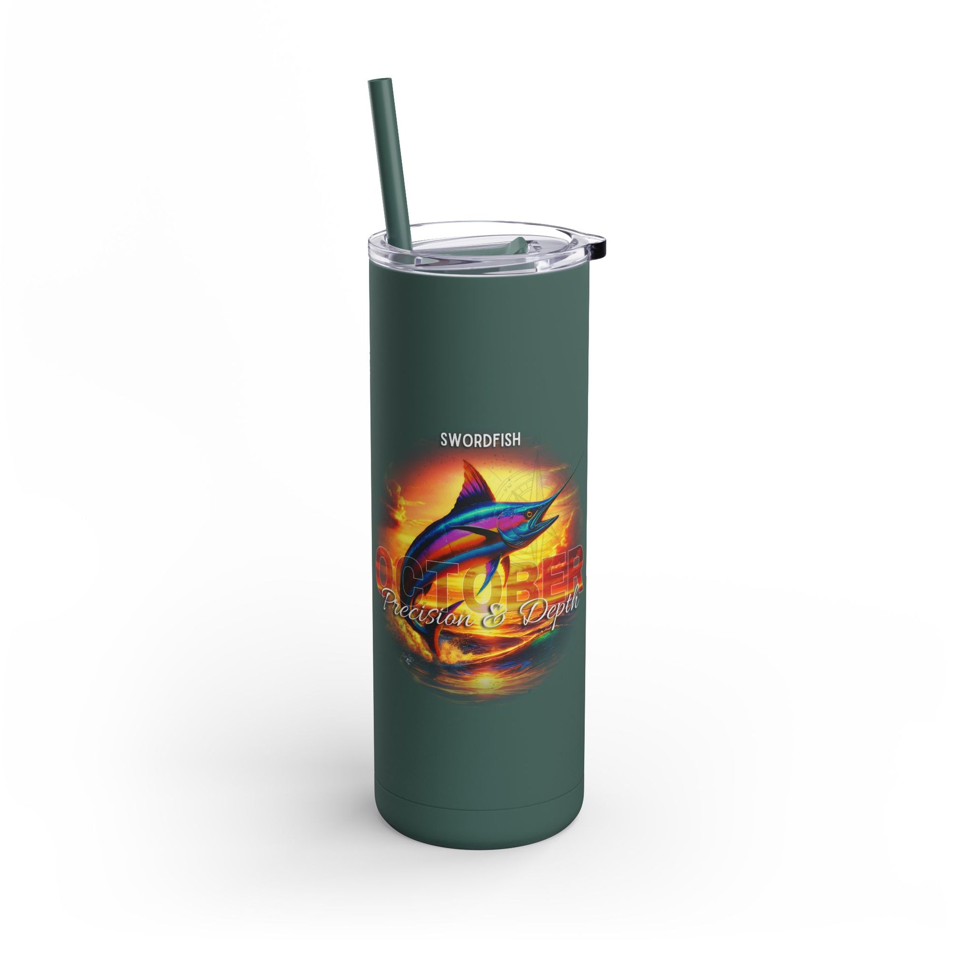 Green birth month travel tumbler featuring colorful swordfish design with precision and depth text