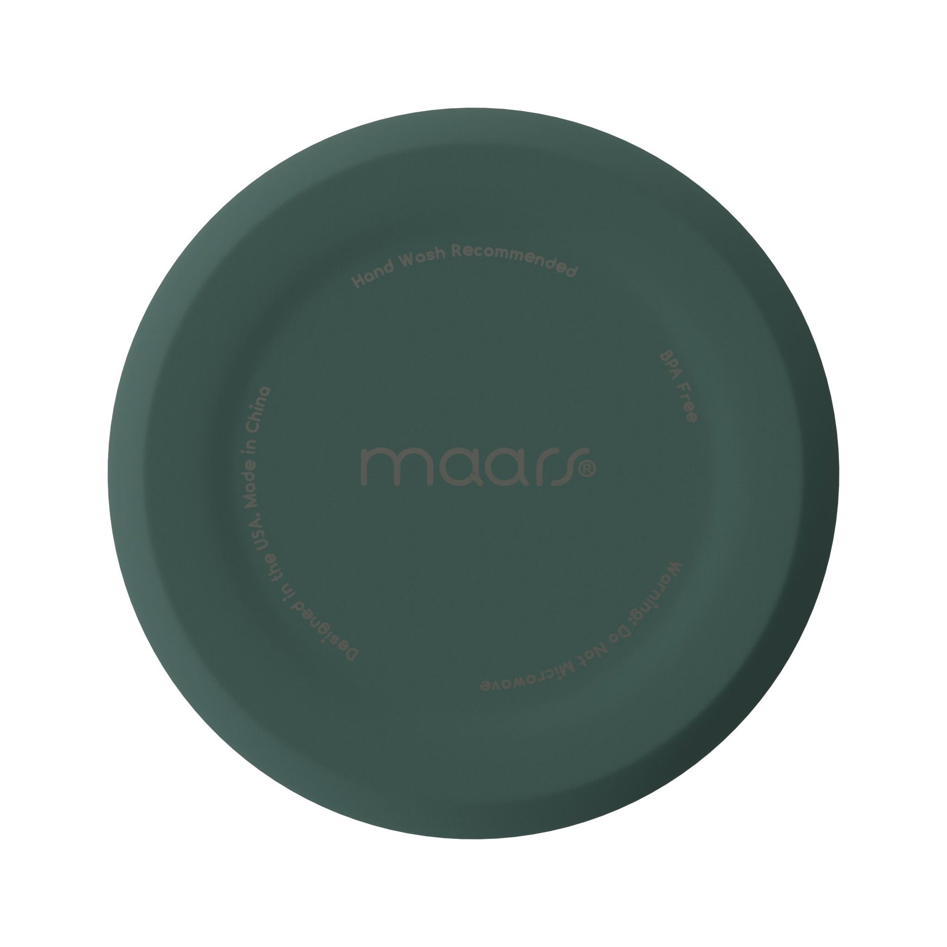 Bottom view of a dark green birth month travel tumbler mug showing brand markings and care instructions