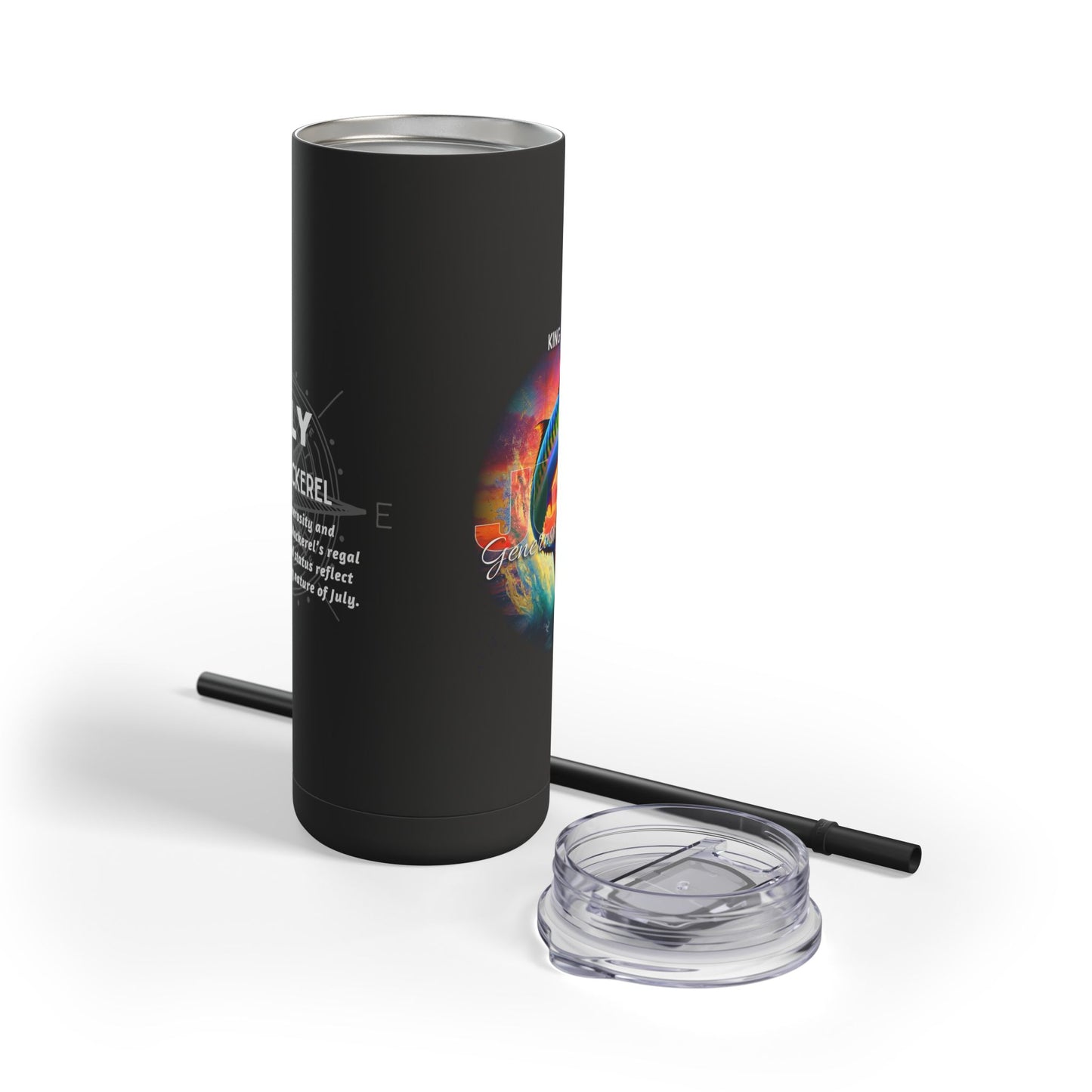 Black birth month travel tumbler with colorful design and clear lid with straw