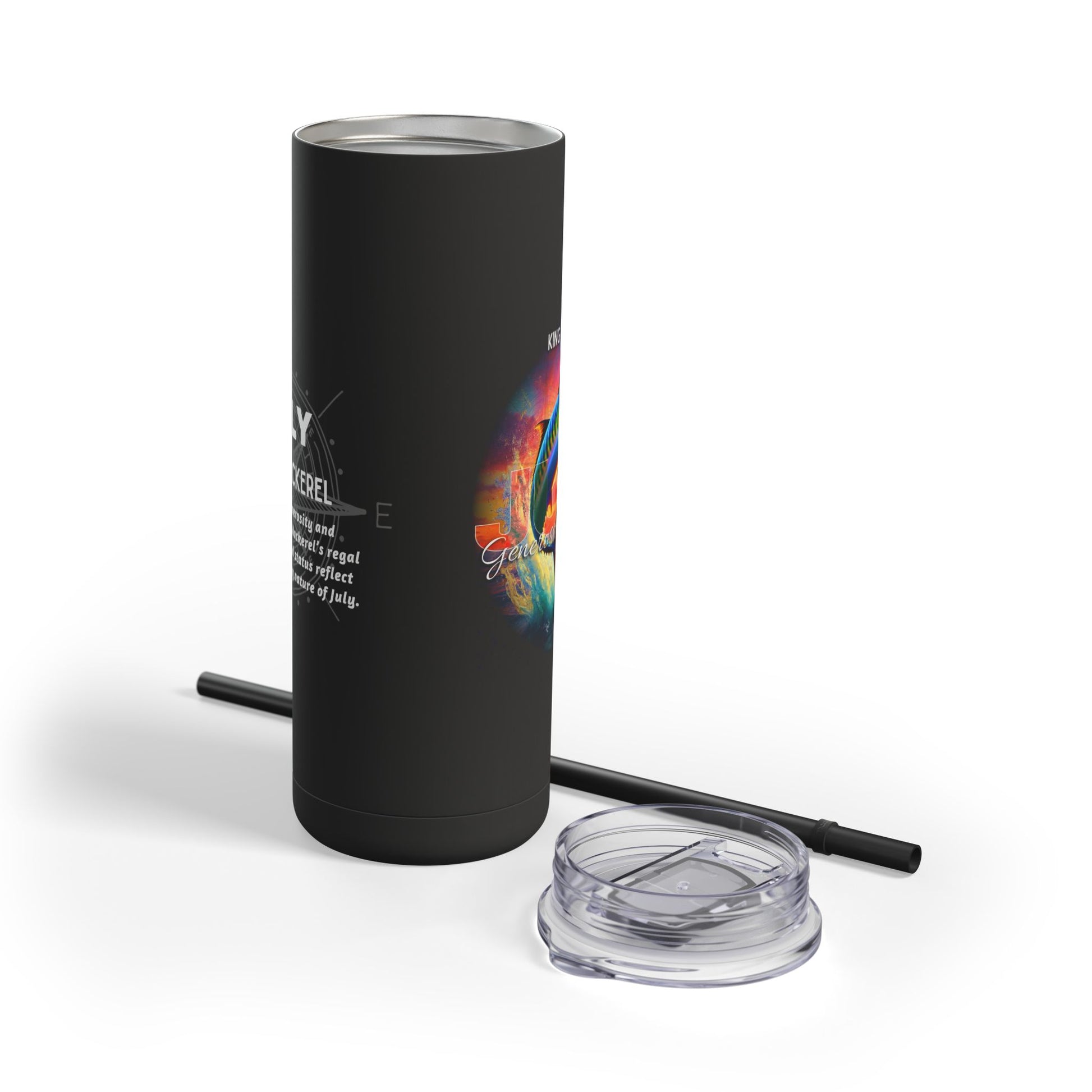 Black birth month travel tumbler with colorful design and clear lid with straw