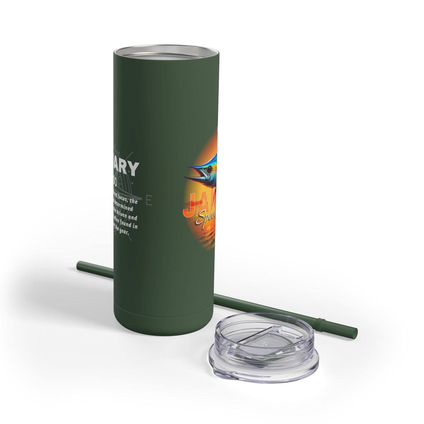 Green birth month travel tumbler with fish design, clear lid, and matching reusable straw
